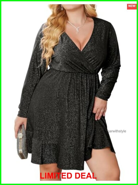 Dresses & Skirts - Plus Size Glitter Long Sleeve V Neck Ruffle Hem Swing Club Cocktail Party Dress